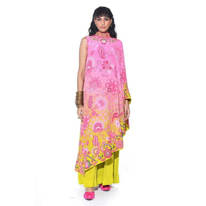 Siddhartha Bansal Pink Printed Embroidered One Shoulder Cape And Jumpsuit (Set of 2)