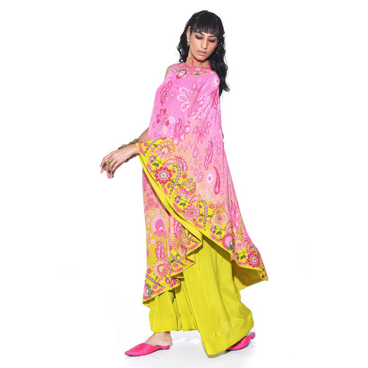 Siddhartha Bansal Pink Printed Embroidered One Shoulder Cape And Jumpsuit (Set of 2)