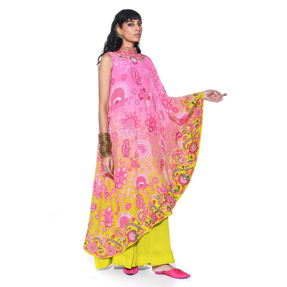 Siddhartha Bansal Pink Printed Embroidered One Shoulder Cape And Jumpsuit (Set of 2)