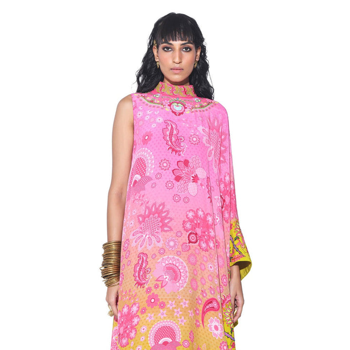 Siddhartha Bansal Pink Printed Embroidered One Shoulder Cape And Jumpsuit (Set of 2)