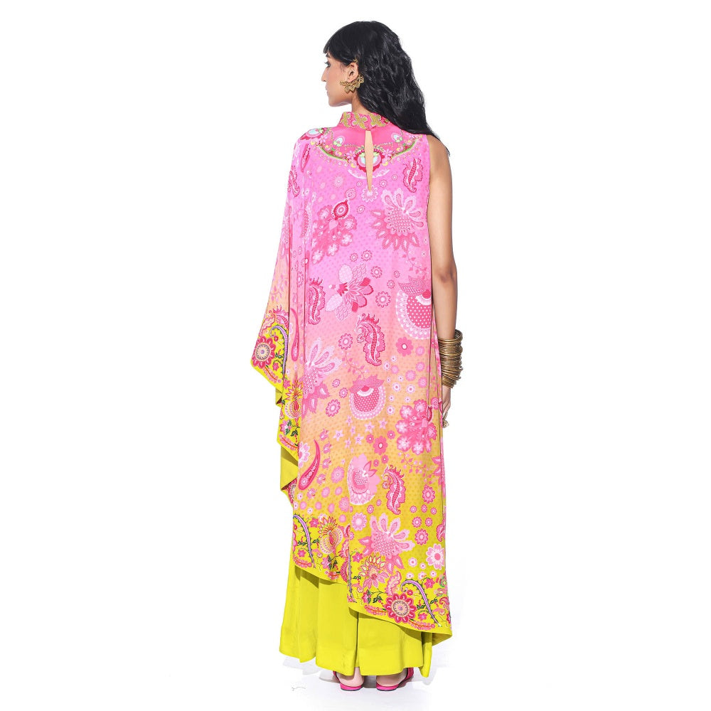 Siddhartha Bansal Pink Printed Embroidered One Shoulder Cape And Jumpsuit (Set of 2)