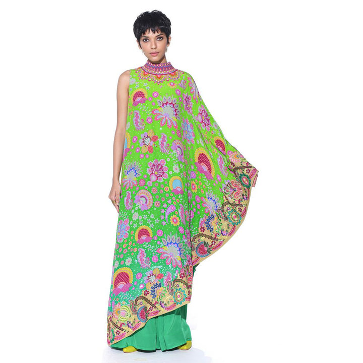 Siddhartha Bansal Neon Green Printed Embroidered One Shoulder Cape And Jumpsuit (Set of 2)