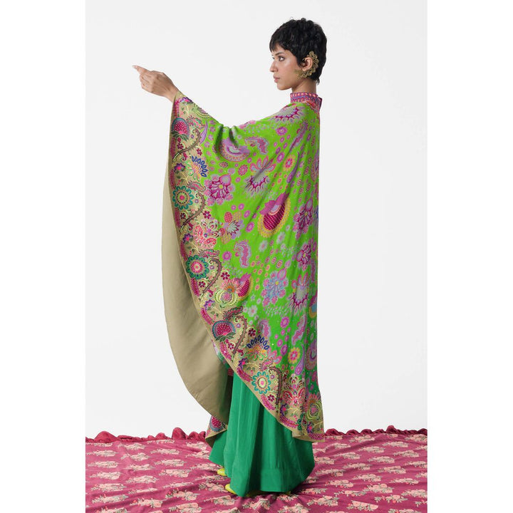 Siddhartha Bansal Neon Green Printed Embroidered One Shoulder Cape And Jumpsuit (Set of 2)