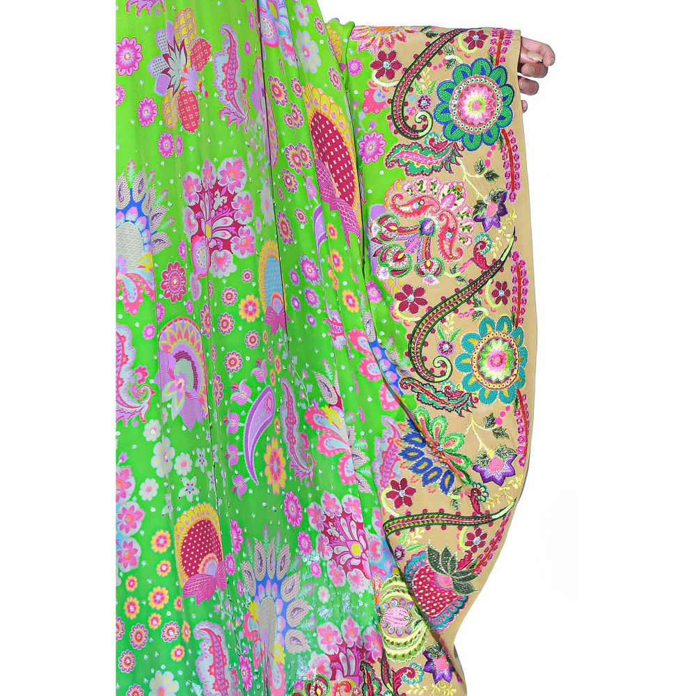 Siddhartha Bansal Neon Green Printed Embroidered One Shoulder Cape And Jumpsuit (Set of 2)