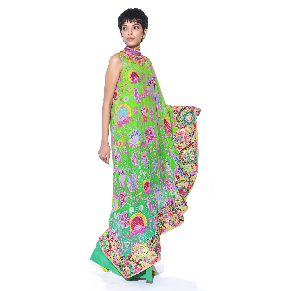 Siddhartha Bansal Neon Green Printed Embroidered One Shoulder Cape And Jumpsuit (Set of 2)