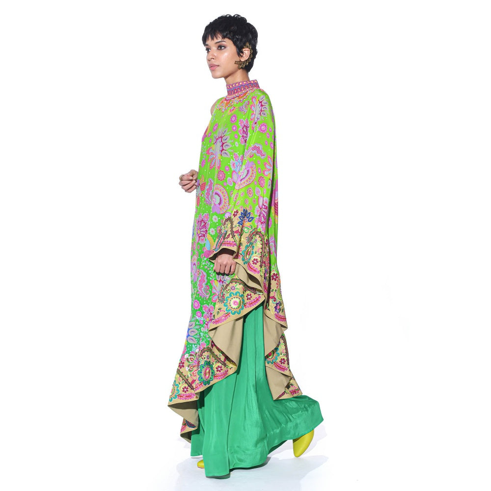 Siddhartha Bansal Neon Green Printed Embroidered One Shoulder Cape And Jumpsuit (Set of 2)