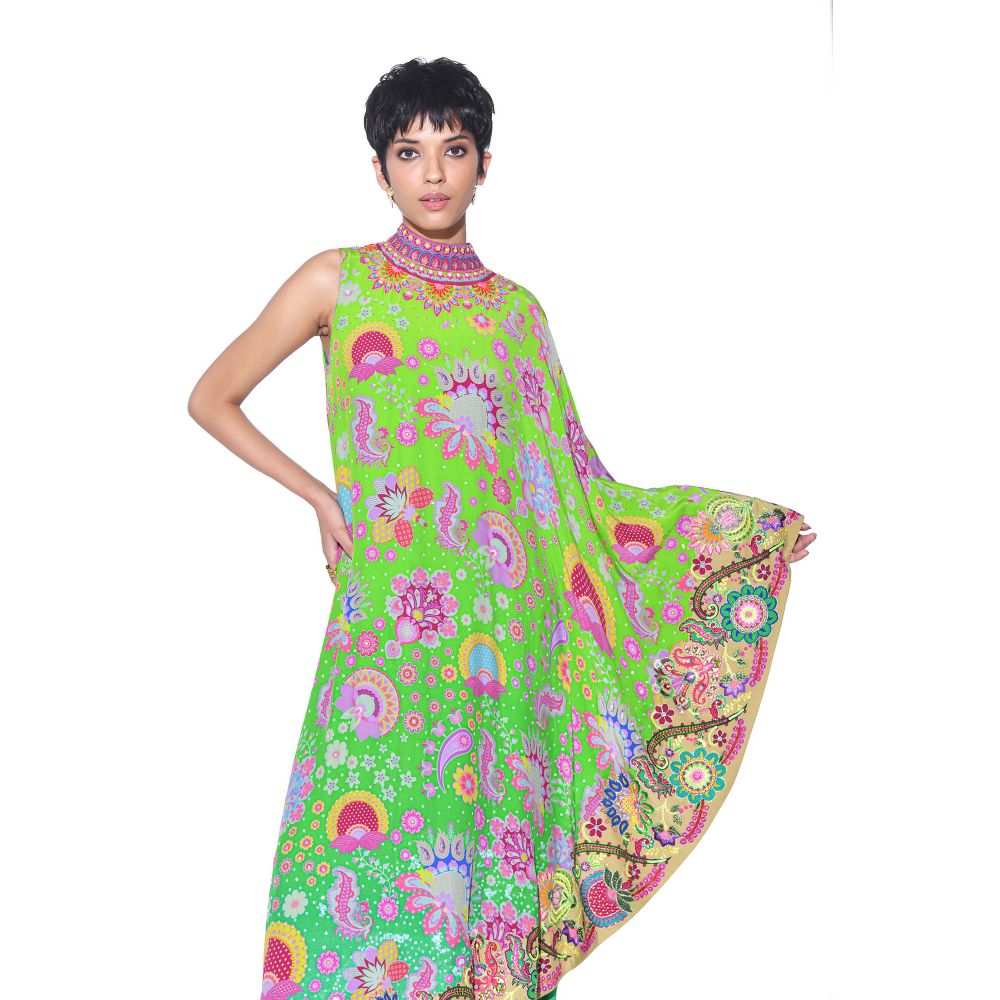 Siddhartha Bansal Neon Green Printed Embroidered One Shoulder Cape And Jumpsuit (Set of 2)