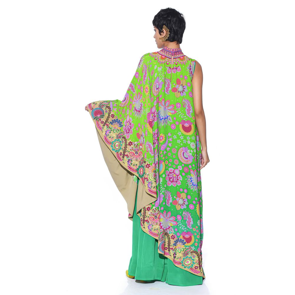 Siddhartha Bansal Neon Green Printed Embroidered One Shoulder Cape And Jumpsuit (Set of 2)