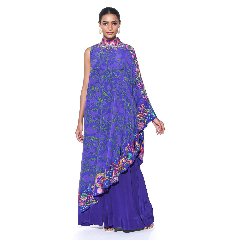Siddhartha Bansal Royal Blue Printed Embroidered One Shoulder Cape And Jumpsuit (Set of 2)