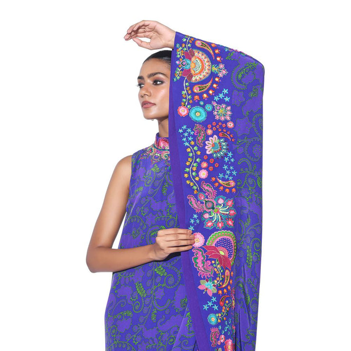 Siddhartha Bansal Royal Blue Printed Embroidered One Shoulder Cape And Jumpsuit (Set of 2)