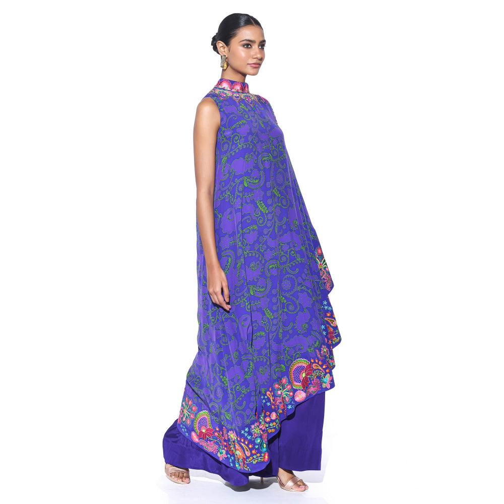 Siddhartha Bansal Royal Blue Printed Embroidered One Shoulder Cape And Jumpsuit (Set of 2)