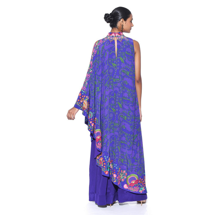 Siddhartha Bansal Royal Blue Printed Embroidered One Shoulder Cape And Jumpsuit (Set of 2)