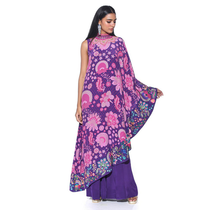 Siddhartha Bansal Violet Printed Embroidered One Shoulder Cape And Jumpsuit (Set of 2)