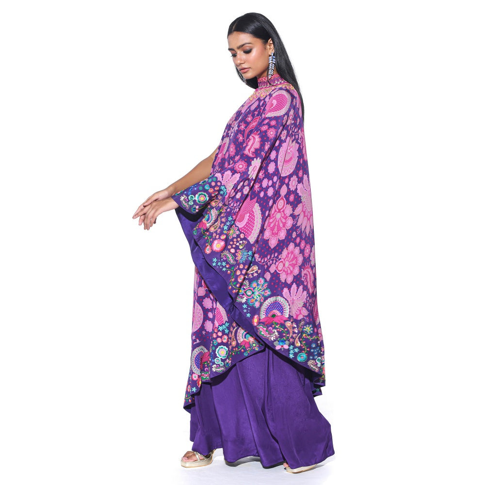 Siddhartha Bansal Violet Printed Embroidered One Shoulder Cape And Jumpsuit (Set of 2)