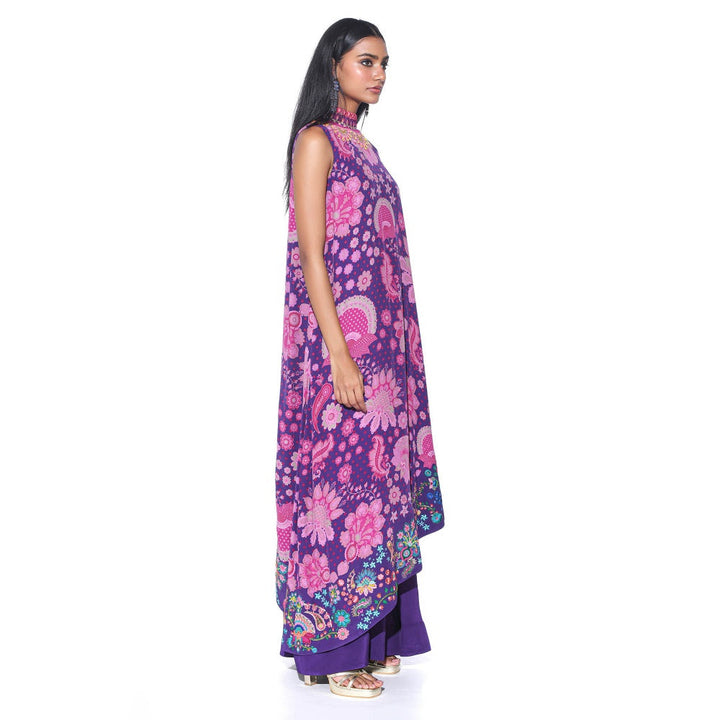 Siddhartha Bansal Violet Printed Embroidered One Shoulder Cape And Jumpsuit (Set of 2)