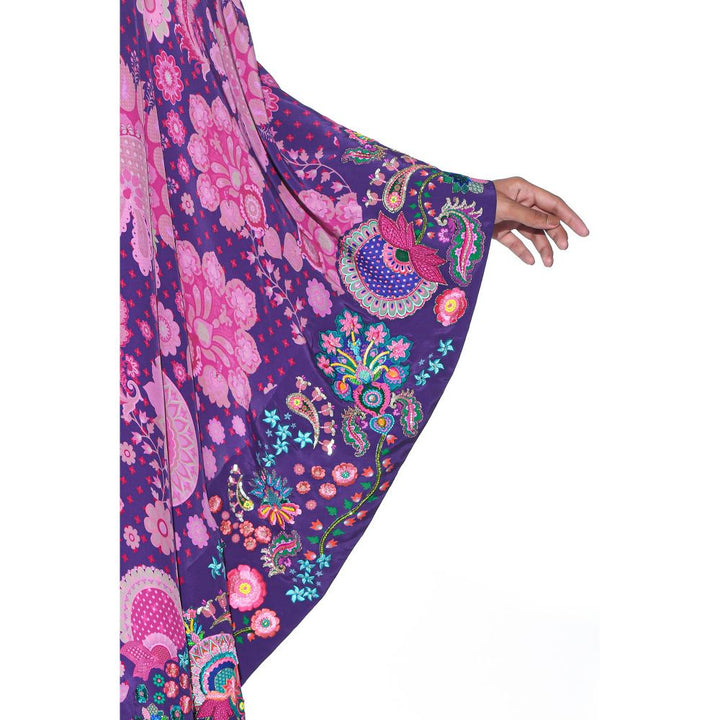 Siddhartha Bansal Violet Printed Embroidered One Shoulder Cape And Jumpsuit (Set of 2)