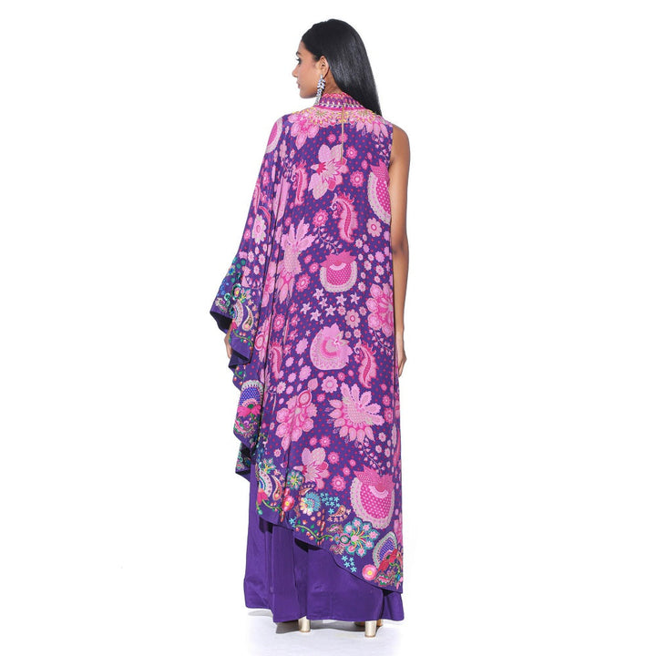 Siddhartha Bansal Violet Printed Embroidered One Shoulder Cape And Jumpsuit (Set of 2)