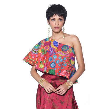 Siddhartha Bansal Crimson Red Embroidered One Shoulder Top And Drape Skirt (Set of 2)