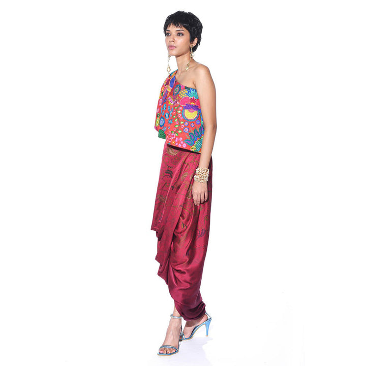 Siddhartha Bansal Crimson Red Embroidered One Shoulder Top And Drape Skirt (Set of 2)