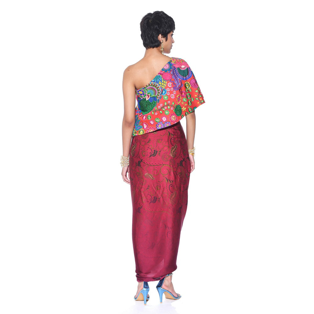 Siddhartha Bansal Crimson Red Embroidered One Shoulder Top And Drape Skirt (Set of 2)