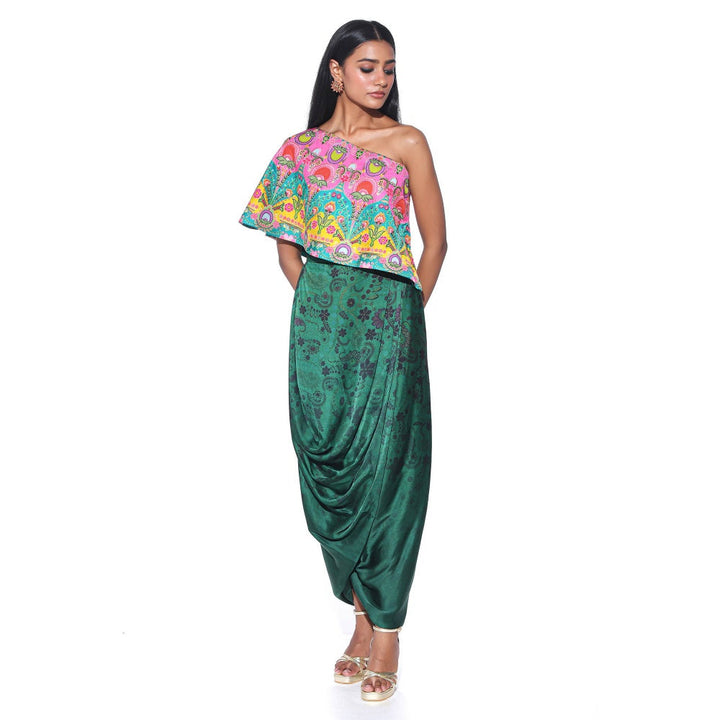 Siddhartha Bansal Pink And Teal Embroidered One Shoulder Top And Drape Skirt (Set of 2)