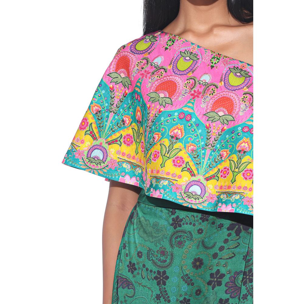 Siddhartha Bansal Pink And Teal Embroidered One Shoulder Top And Drape Skirt (Set of 2)