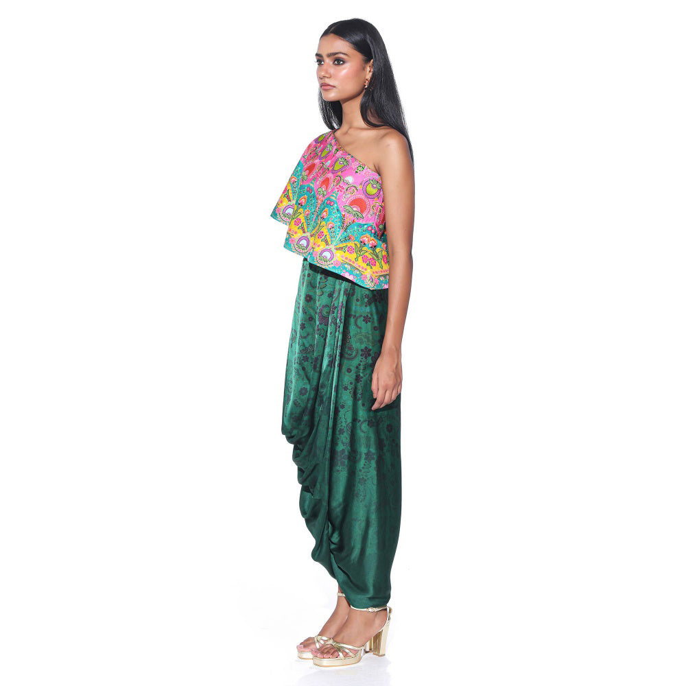 Siddhartha Bansal Pink And Teal Embroidered One Shoulder Top And Drape Skirt (Set of 2)