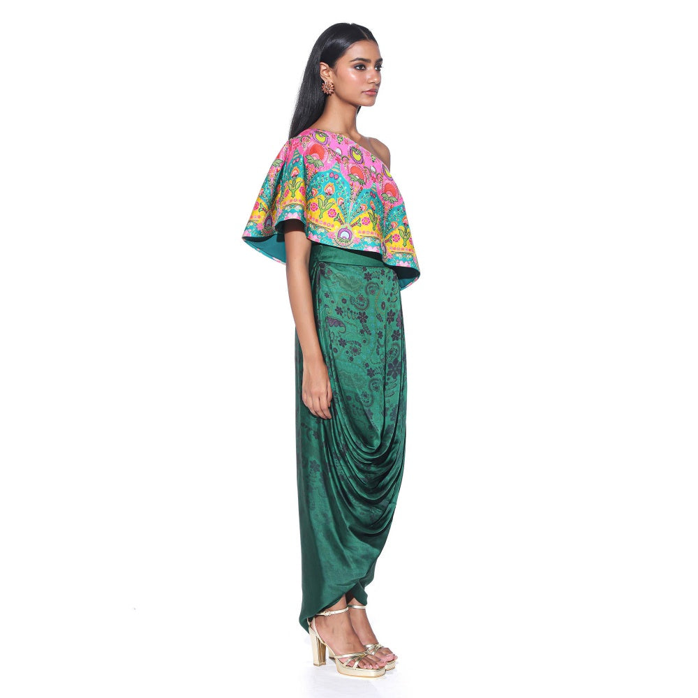 Siddhartha Bansal Pink And Teal Embroidered One Shoulder Top And Drape Skirt (Set of 2)