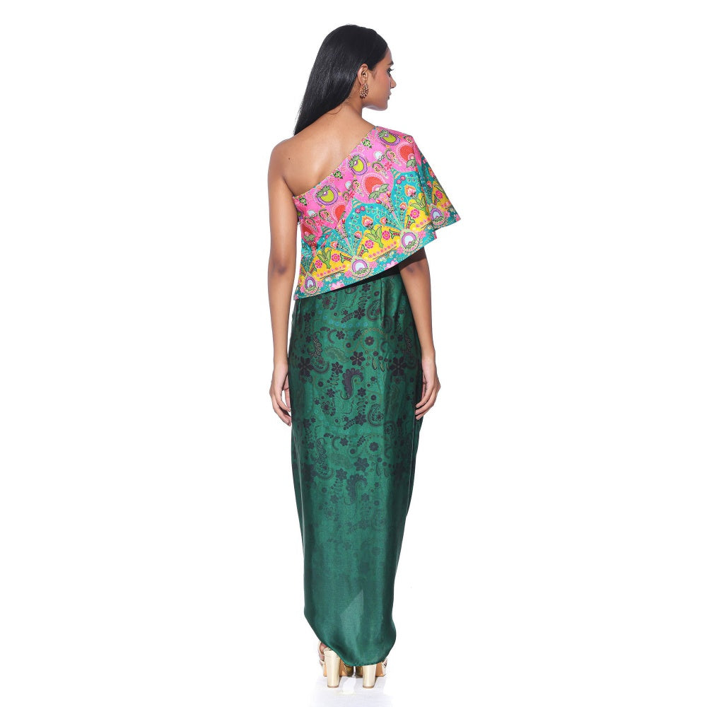 Siddhartha Bansal Pink And Teal Embroidered One Shoulder Top And Drape Skirt (Set of 2)