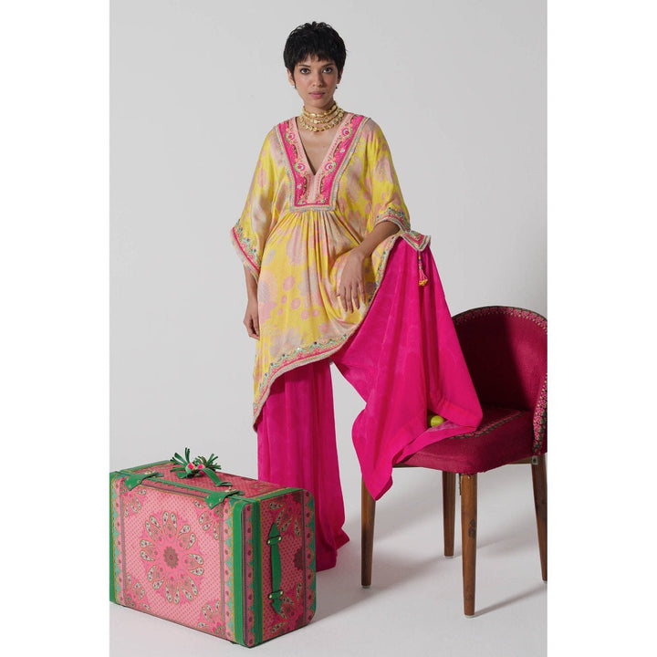 Siddhartha Bansal Bright Yellow Embroidered Kaftan With Palazzo (Set of 2)