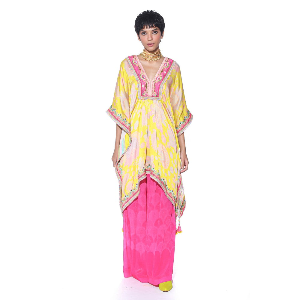 Siddhartha Bansal Bright Yellow Embroidered Kaftan With Palazzo (Set of 2)