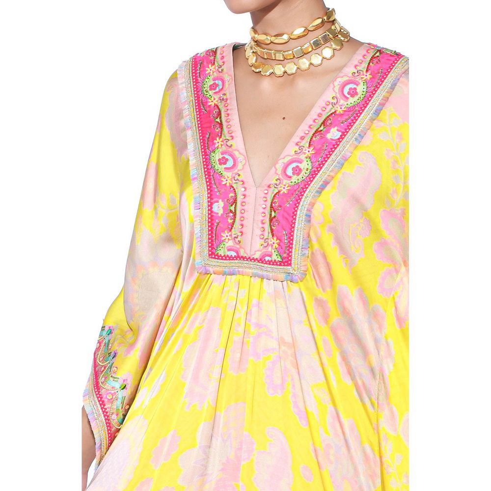 Siddhartha Bansal Bright Yellow Embroidered Kaftan With Palazzo (Set of 2)