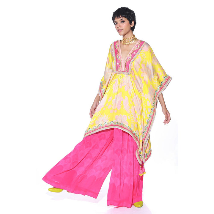 Siddhartha Bansal Bright Yellow Embroidered Kaftan With Palazzo (Set of 2)