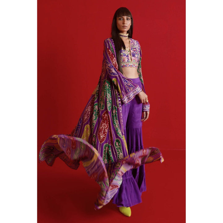 Siddhartha Bansal Violet Embroidered Shrug with Sharara and Blouse (Set of 3)