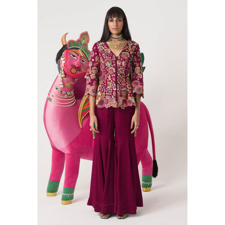 Siddhartha Bansal Crimson Wine Red Embroidered Peplum Top with Sharara (Set of 2)