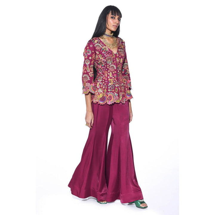 Siddhartha Bansal Crimson Wine Red Embroidered Peplum Top with Sharara (Set of 2)