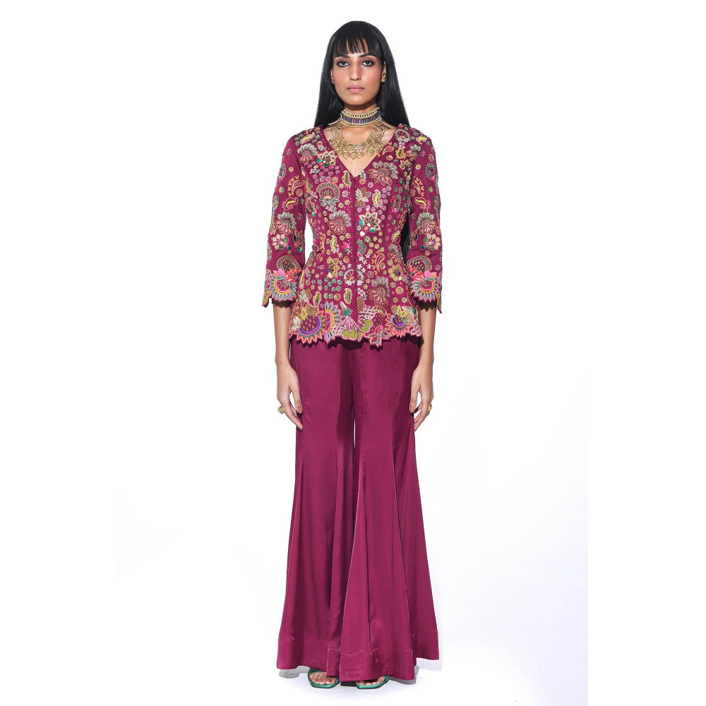 Siddhartha Bansal Crimson Wine Red Embroidered Peplum Top with Sharara (Set of 2)