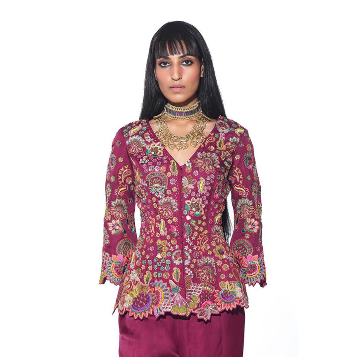 Siddhartha Bansal Crimson Wine Red Embroidered Peplum Top with Sharara (Set of 2)