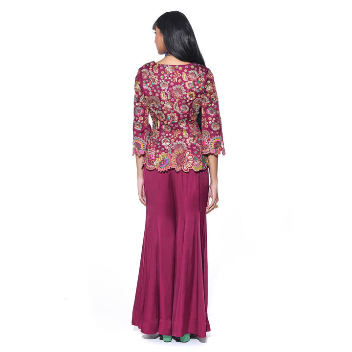 Siddhartha Bansal Crimson Wine Red Embroidered Peplum Top with Sharara (Set of 2)