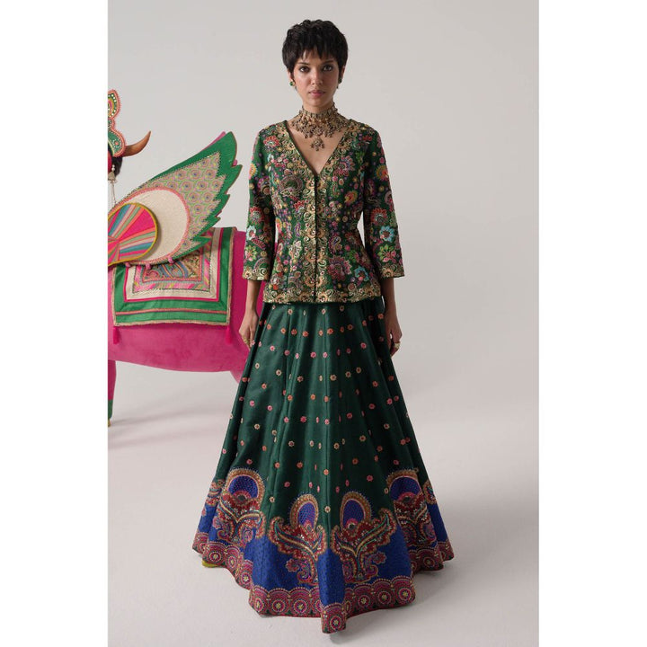 Siddhartha Bansal Bottle Green Embroidered Peplum Top and Lehenga (Set of 2)