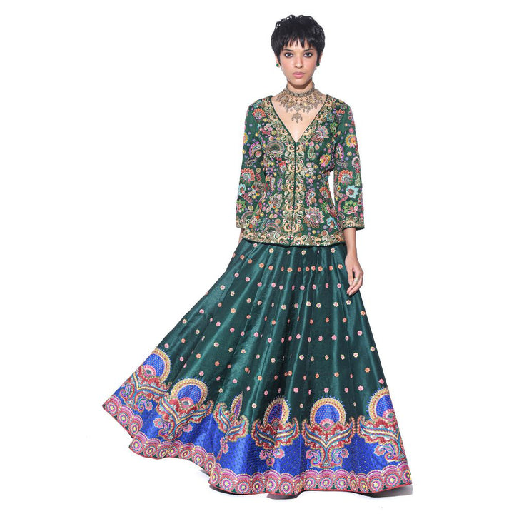 Siddhartha Bansal Bottle Green Embroidered Peplum Top and Lehenga (Set of 2)