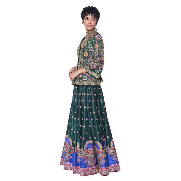 Siddhartha Bansal Bottle Green Embroidered Peplum Top and Lehenga (Set of 2)