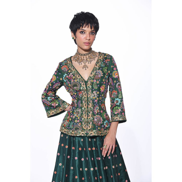 Siddhartha Bansal Bottle Green Embroidered Peplum Top and Lehenga (Set of 2)