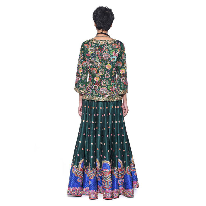 Siddhartha Bansal Bottle Green Embroidered Peplum Top and Lehenga (Set of 2)