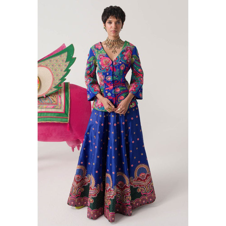 Siddhartha Bansal Electric Blue Embroidered Peplum Top and Lehenga (Set of 2)