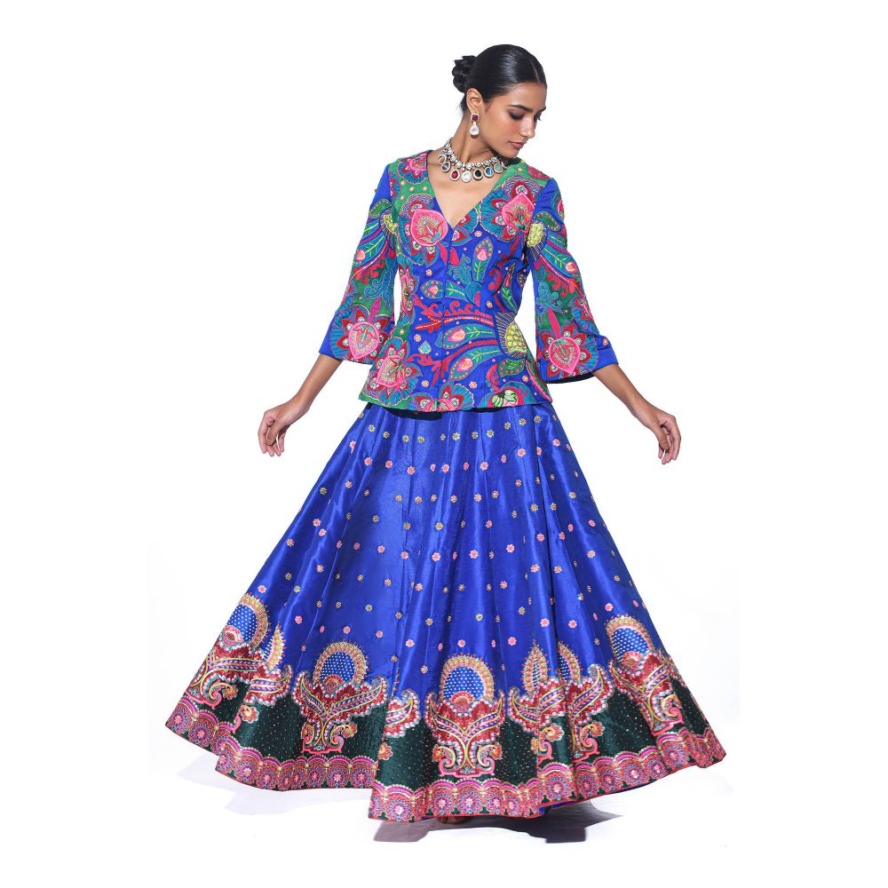 Siddhartha Bansal Electric Blue Embroidered Peplum Top and Lehenga (Set of 2)