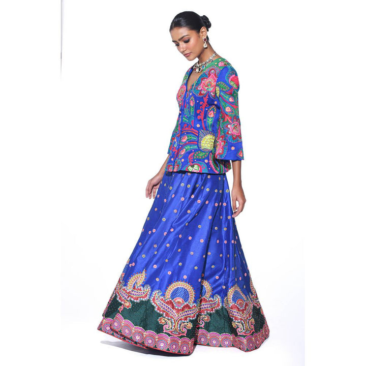 Siddhartha Bansal Electric Blue Embroidered Peplum Top and Lehenga (Set of 2)