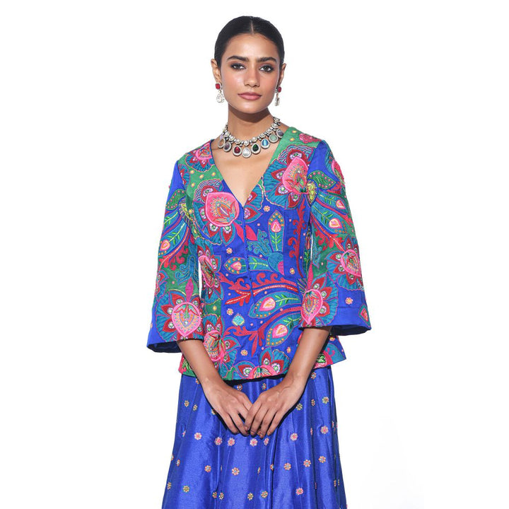 Siddhartha Bansal Electric Blue Embroidered Peplum Top and Lehenga (Set of 2)