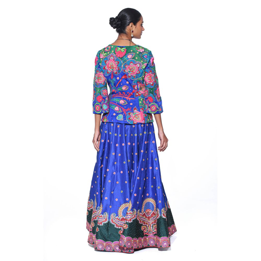 Siddhartha Bansal Electric Blue Embroidered Peplum Top and Lehenga (Set of 2)