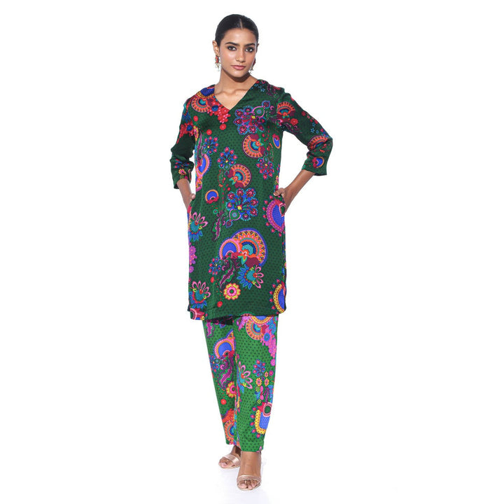 Siddhartha Bansal Bottle Green Floral Co-ord (Set of 2)